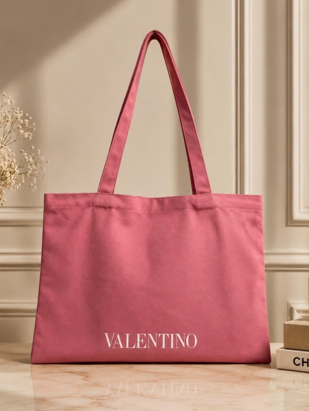 Valentino Rose Pink Logo Canvas Tote